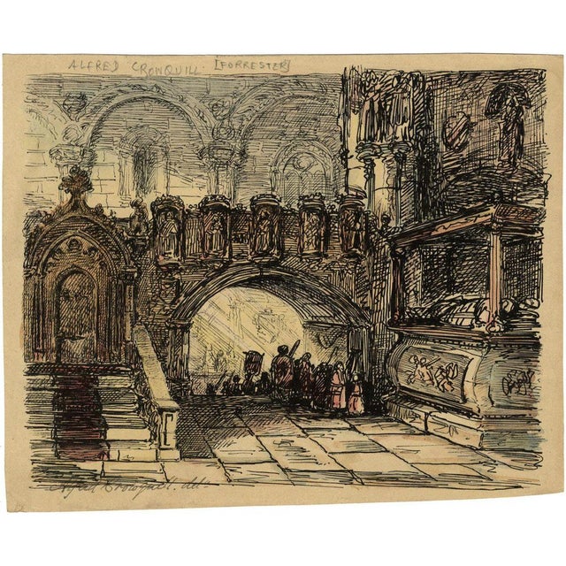An original mid-19th-century pen & ink drawing, Alfred Crowquill, Church Interior with Procession.A spirited and richly...