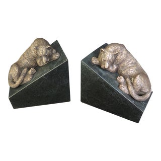 Maitland Smith Brass Panther Bookends on Marble - a Pair For Sale