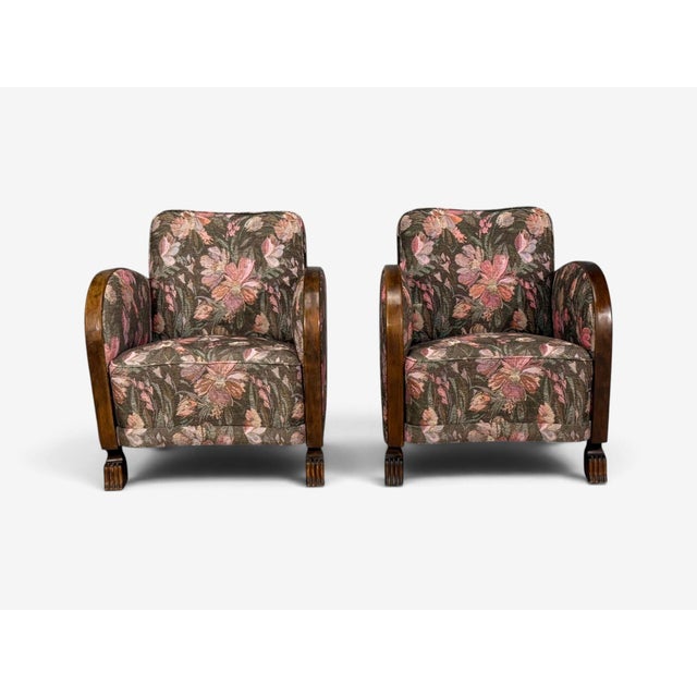 Swedish Modern, Art Deco Lounge Chairs, Stained Birch, Fabric, Sweden, 1940s For Sale - Image 4 of 13