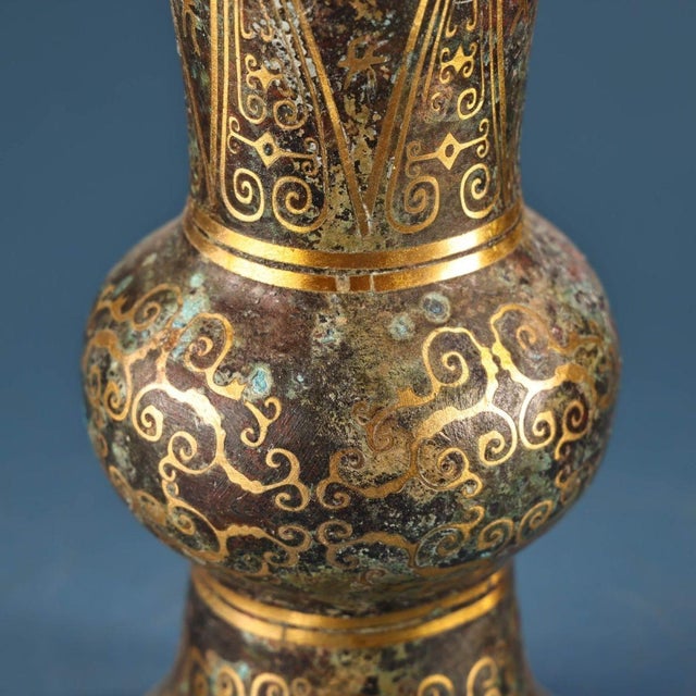 Bronze Bronze Gu Vase With Gold Inlay, Archaic Scroll & Script Motif, Chinoiserie Bronze Ritual Style Vessel For Sale - Image 8 of 10
