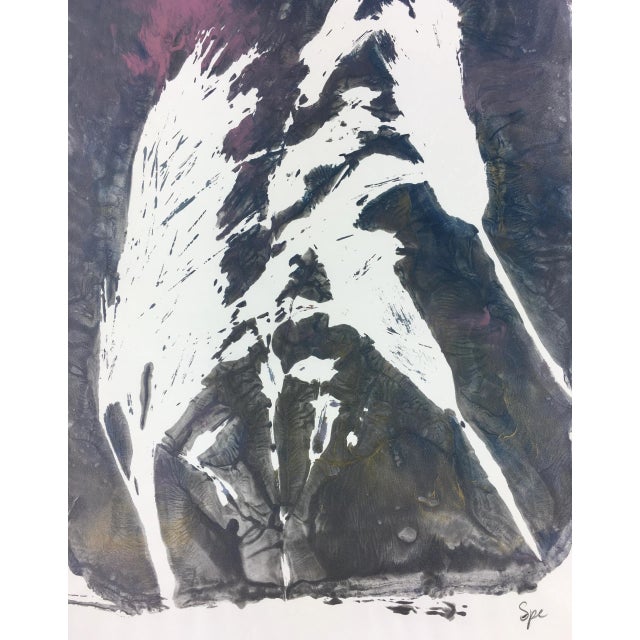 Modern abstract painting of grass and leaves by artist Spe, 2013. Signed lower right. Original artwork on paper displayed...