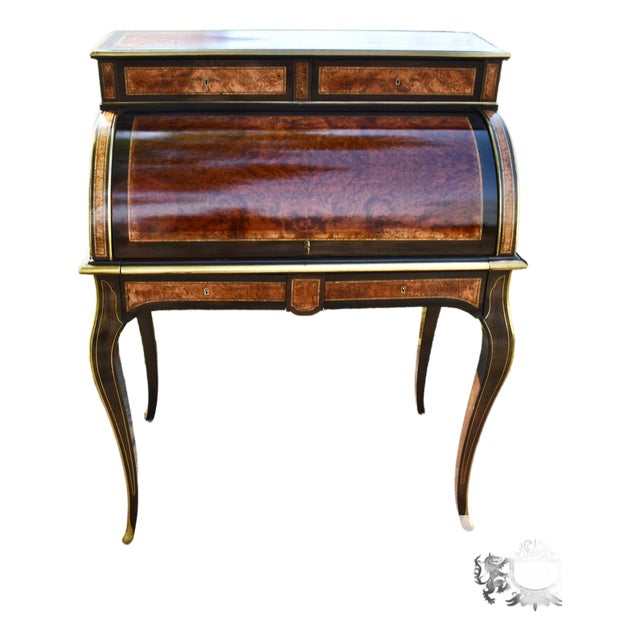 Antique French Walnut Desk Burl Brass Inlay Cylinder Roll Style Bureau Ormolu For Sale