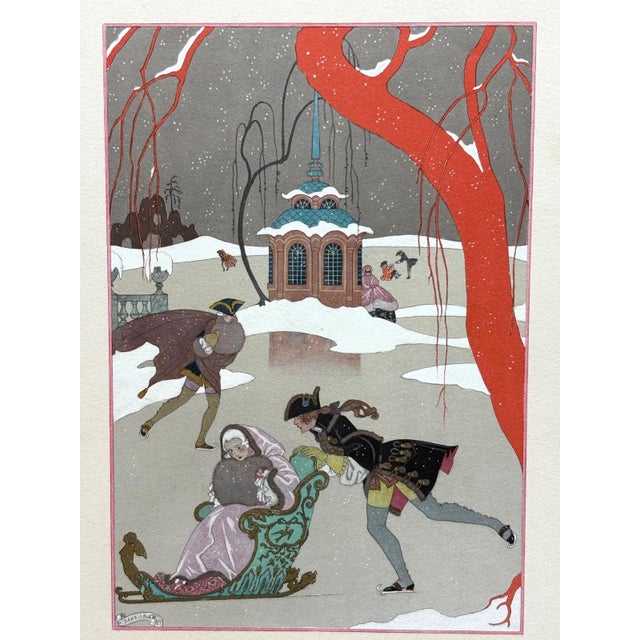Contemporary Original George Barbier 1928 Hand-Colored Pochoir Print: "En Patinant" For Sale - Image 3 of 3