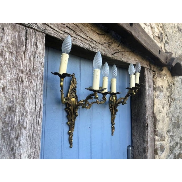 Vintage Rococo French Gilt Bronze Wall Sconces, 1950s, Set of 2 For Sale - Image 6 of 11