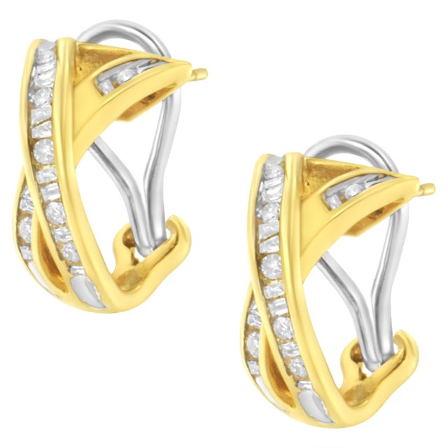 14K Yellow and White Gold 1/2 TDW "X" Shape Cross Over Diamond Hoop Earrings (I-J, I2-I3) For Sale - Image 4 of 6