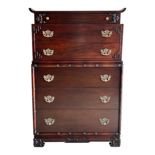 Vintage Faux Bamboo Chinoiserie Mahogany Highboy Dresser With Pagodo Brass Pulls For Sale