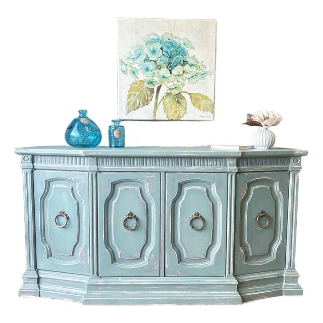 Vintage French Provincial Style Hand-Painted Sideboard With Embossed Drawers For Sale