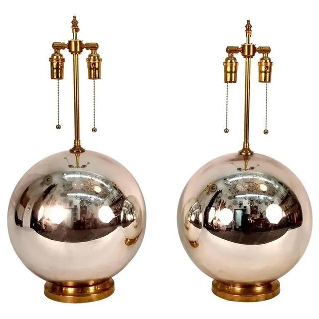 Glass Large Mercury Glass Ball Lamps - A Pair For Sale - Image 7 of 7