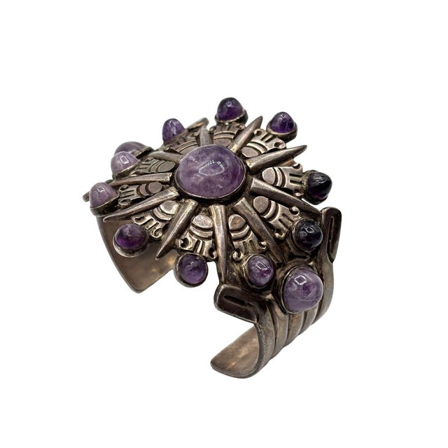 1940's Taxco William Spratling Silver With Amethyst Sun Motif Cuff Bracelet For Sale - Image 13 of 14