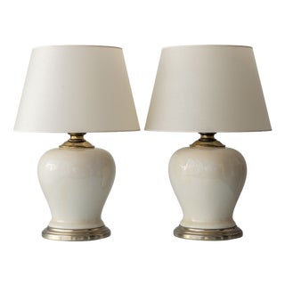 Cream Crackle-Glaze Ceramic Ginger Jar Table Lamps, France, 1980s, Set of 2 For Sale