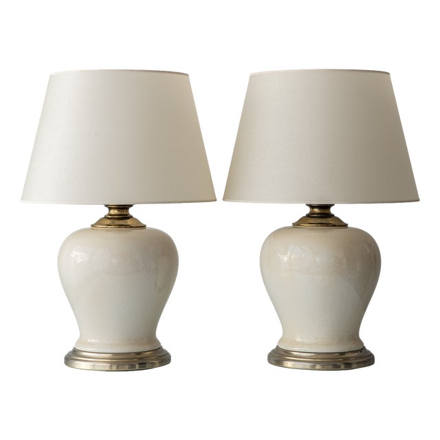 Cream Crackle-Glaze Ceramic Ginger Jar Table Lamps, France, 1980s, Set of 2 For Sale