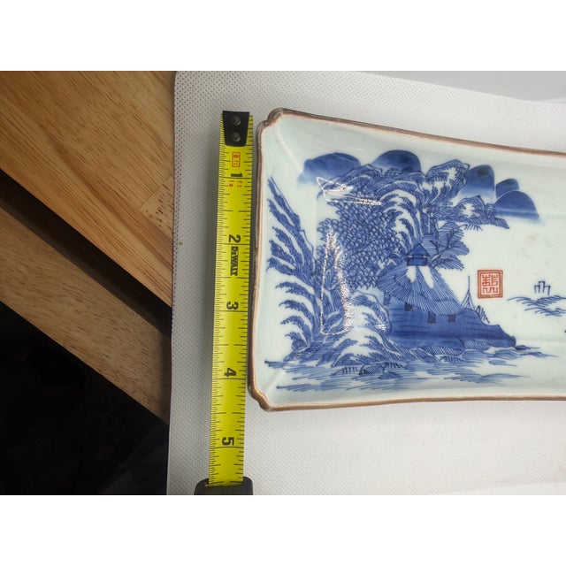 Ceramic Asian Antique Tray: Rectangular Porcelain Blue White China Landscape Qianlong For Sale - Image 7 of 8
