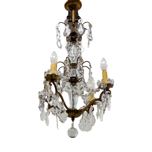 Mid-Century French Chandelier with Crystal Drops and Ball For Sale