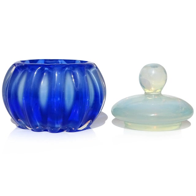 Mid 20th Century Vintage Seguso Murano Sapphire Blue Fiery Opal White Italian Art Glass Vanity Jar Powder Box For Sale - Image 5 of 7