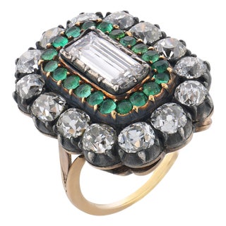 19th Century Victorian Gia 1.77 Carat Diamond Emerald 14k Yellow Gold and Silver Cluster Ring, Size 6.75 For Sale