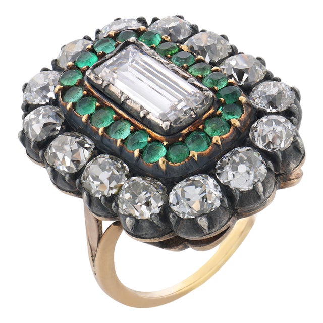 19th Century Victorian Gia 1.77 Carat Diamond Emerald 14k Yellow Gold and Silver Cluster Ring, Size 6.75 For Sale