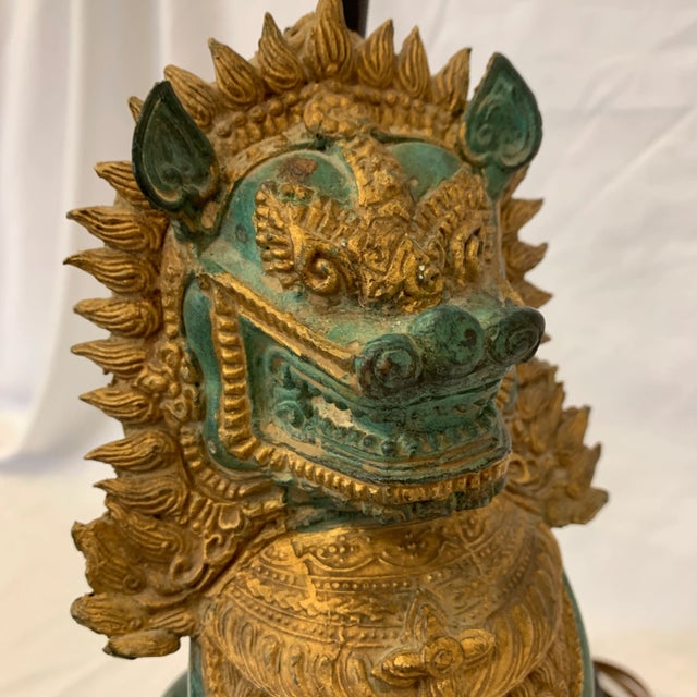 Khymer Style Gilt & Bronze Singha Temple Lion Lamp For Sale - Image 12 of 13