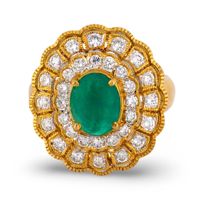 Contemporary Vintage Emerald Diamond 18k Yellow Gold Cluster Ring, Size 6 For Sale - Image 3 of 6
