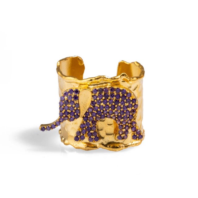 Guardian Purple Elephant Gold Chunky Adjustable Ring, Size 4 For Sale In Miami - Image 6 of 6