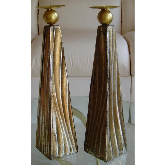 2010s Tall Faux Wood Metallic Candle Holders - Set of 3 For Sale - Image 5 of 13