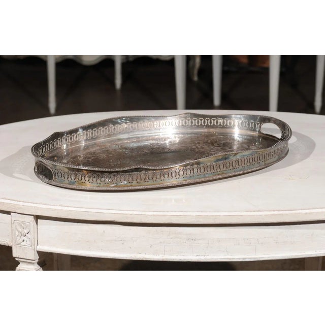 Metal Antique English Edwardian Period Silverplate Tray with Pierced Motifs & C-Scrolls For Sale - Image 7 of 12