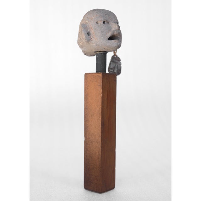 Vintage Mid Century Era Mesoamerican Pre-Columbian Small Pottery Head on Teak Stand For Sale - Image 10 of 10