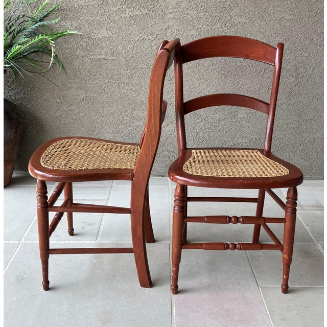 Circa 1920 Solid Oak Wood & Cane Seat Two-Rung Curved Ladderback Accent Chairs – A Pair For Sale - Image 11 of 18