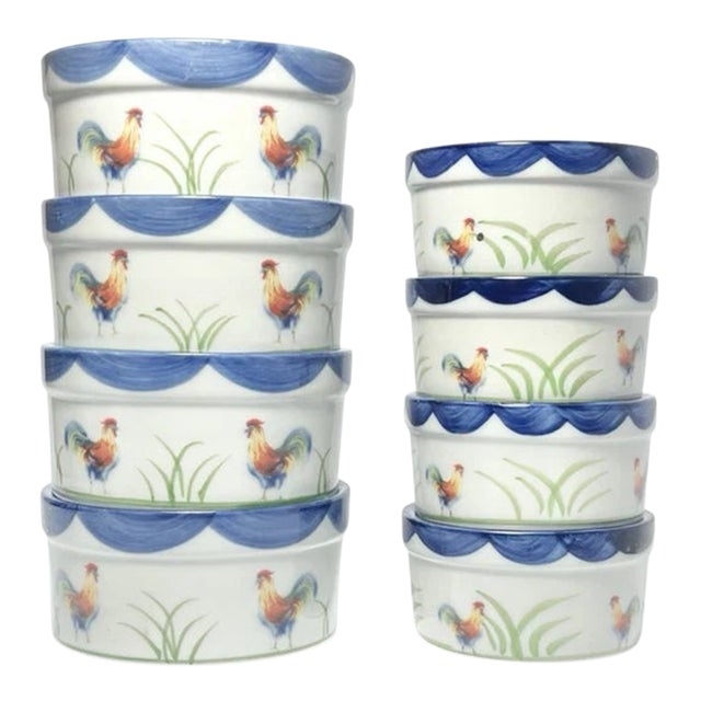 Bia Cordon Bleu, Blanc De Table “Rooster” Porcelain Baking Ramekin Bowls - Set of 8 For Sale