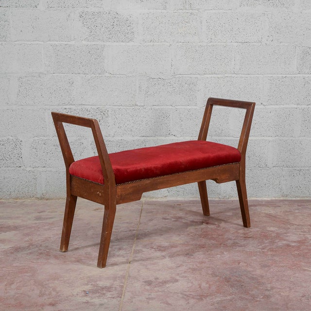 Small Wooden Bench Upholstered in Red Art Deco Velvet, 1940s For Sale - Image 17 of 18