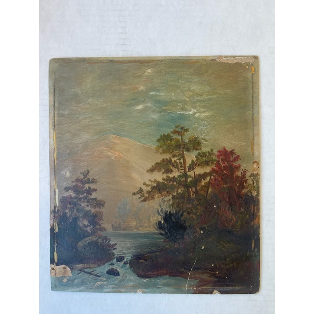 Wood Likely 19th Century American Folk Landscape Painting on Artist's Board Featuring River, Forest, and Mountain Scene.. For Sale - Image 7 of 10
