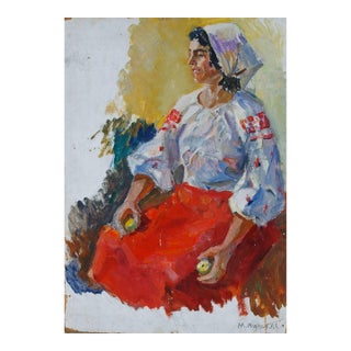 Vintage Ukrainian Woman Portrait, Original Oil Painting on Cardboard 70-50 For Sale