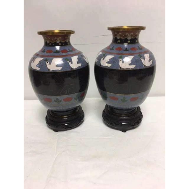 Intricate vintage black & gray dove vases on wooden bases. Pristine condition, no chips to enameling. Would make an...
