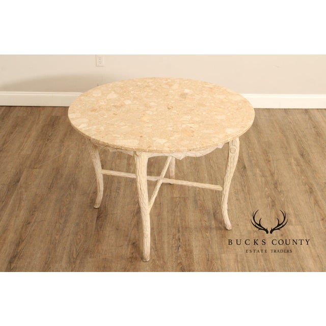 Decorative Round Accent Table Featuring a Beige Marble Top Raised on a Hand Carved Faux Bois Style Wooden Base. The Base...
