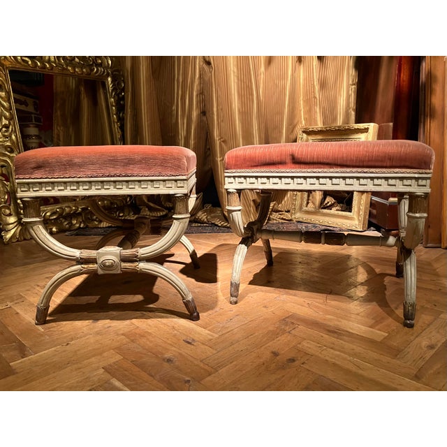 Hollywood Regency Antique Italian Louis XVI Style Lacquered and Parcel Gilt Stools, 1890s, Set of 2 For Sale - Image 3 of 18