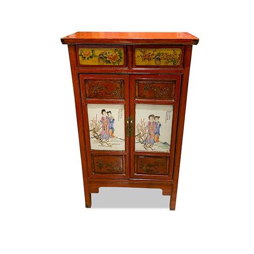 Red 1960s Vintage Hand Painted With Tile Doors Tall Cabinet For Sale - Image 8 of 11