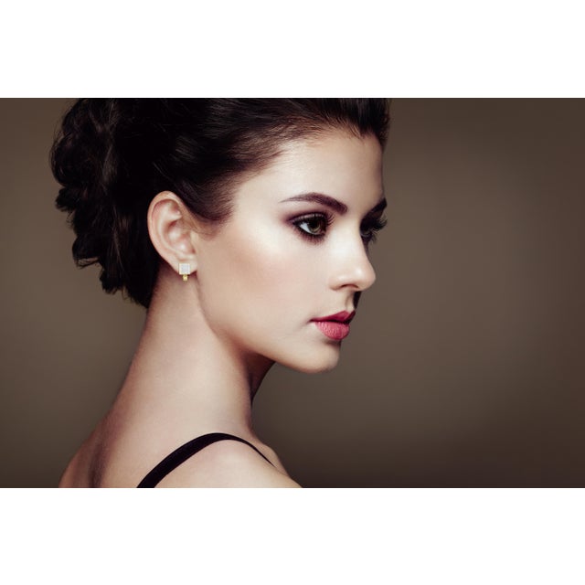 Early 21st Century 14K Yellow Gold 3-1/5 Cttw Princess Cut Diamond �� Square Invisible Set Grid Huggy Style Omega Back Stud Earrings (G-H Color, VS1-VS2 Clarity) For Sale - Image 5 of 6