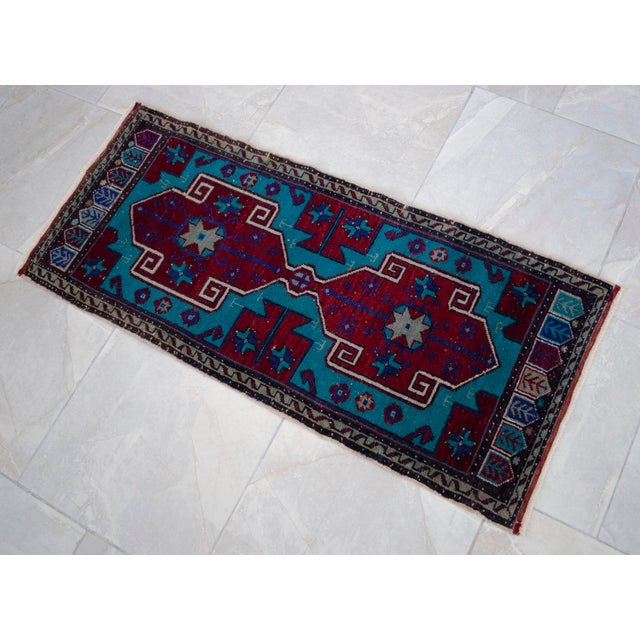 Hand Knotted Oushak Rug Low Pile Faded Entryway Mat Small Rug Yastik - 20'' X 44'' For Sale - Image 10 of 13