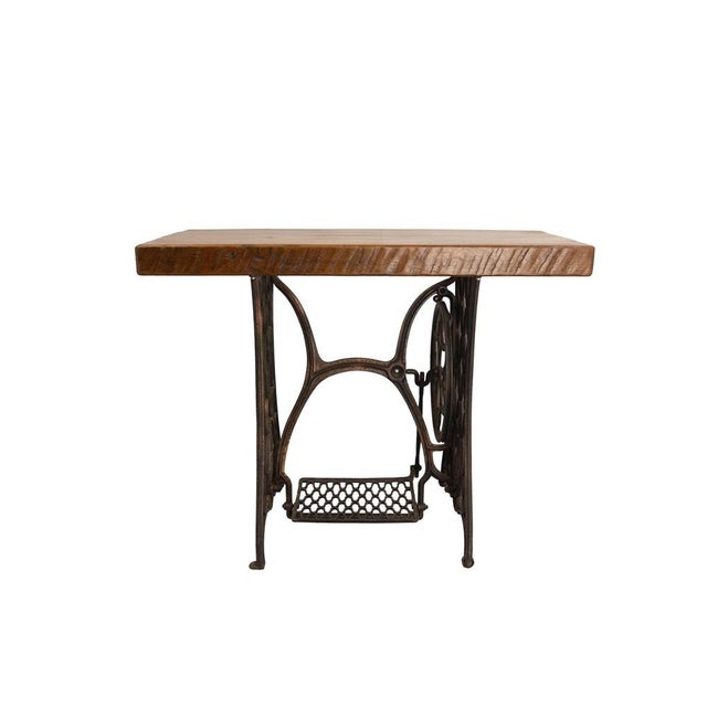 Industrial Vintage French Wrought Iron and Oak Side Table with Sewing Machine Base, 1960s For Sale - Image 3 of 10