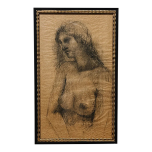 19th Century Antique Original Charcoal Sketch, Nude Figure II, Framed