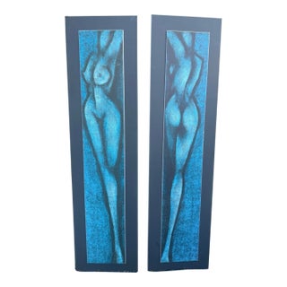 1960s Mid-Century Modern, C. 1960s, Blue Nude Figure Panels — Diptych - a Pair For Sale