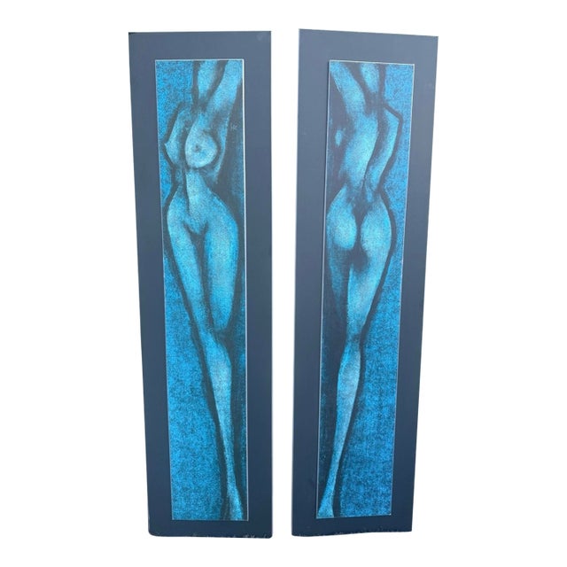 1960s Mid-Century Modern, C. 1960s, Blue Nude Figure Panels — Diptych - a Pair For Sale