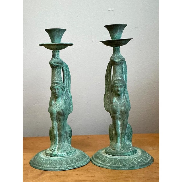 Metal Vintage Patinated Metal Winged Sphinx Candelabras - Pair For Sale - Image 7 of 12