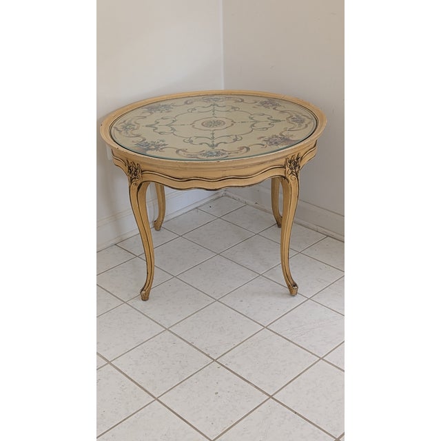 Mustard Vintage Handpainted Italian Design Toleware Round Coffee Table For Sale - Image 8 of 12