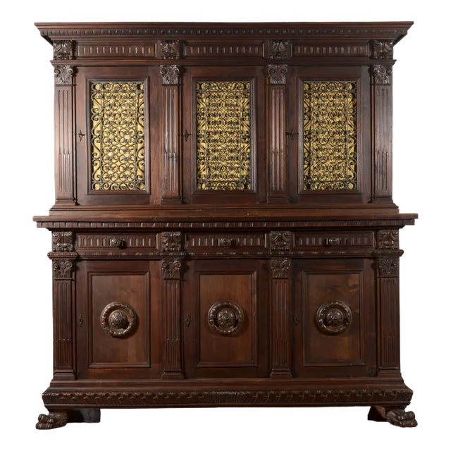 Italian Carved Bookcase with Iron Grid For Sale