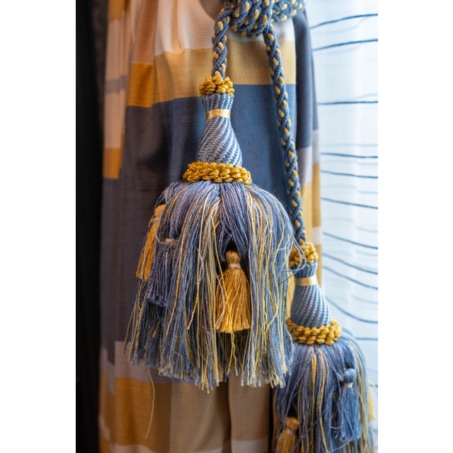 Custom High Quality Blue & Gold Window Drapes For Sale - Image 4 of 8