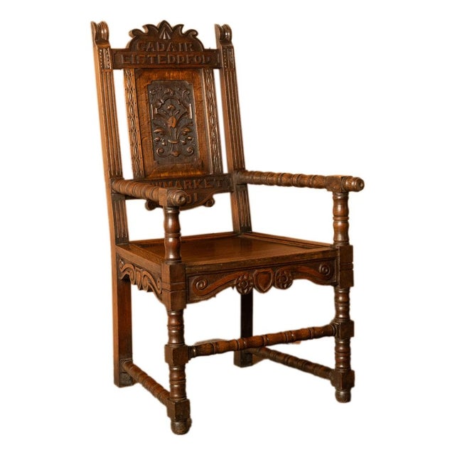 Folk Art Antique Welsh Carved Oak Eisteddfod Bardic Chair Newmarket Trelawnyd Wales 1901 For Sale - Image 3 of 17