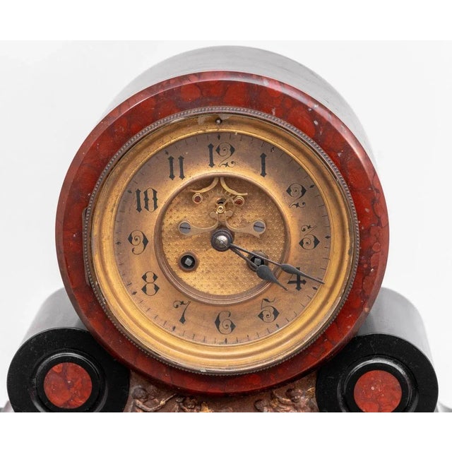 French Gilt Metal Mounted Rouge Griotte Marble and Black Slate Mercury Compensated Mantel Clock, late 19th century, the...