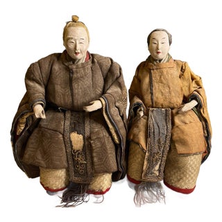 Antique Japanese Musha Ningyo Warrior Dolls Meiji Period Samurai Gofun Pair 9" For Sale