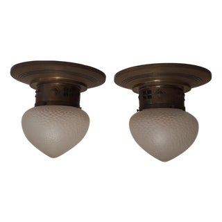 Antique German Art Nouveau Ceiling Lamps from Around 1900 with Elaborate Brass Mounting and Original Frosted Relief Glass Shade, 1890s, Set of 2 For Sale