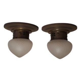 Antique German Art Nouveau Ceiling Lamps with Elaborate Brass Mounting and Original Frosted Relief Glass Shade, 1890s, Set of 2 For Sale